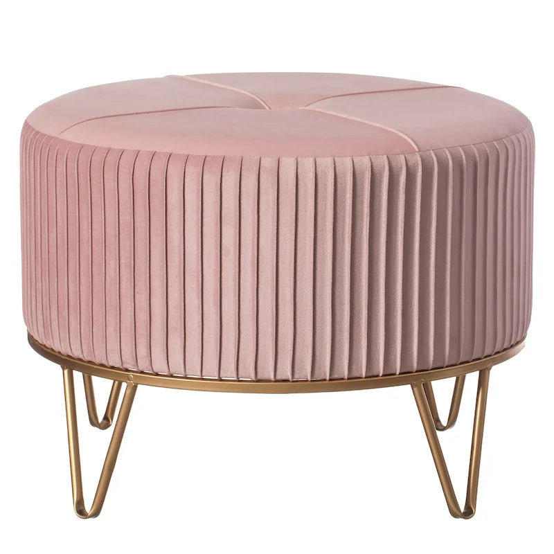 Pouffe rond en velours plissé avec pieds épingle dorés Crème Rose Noir