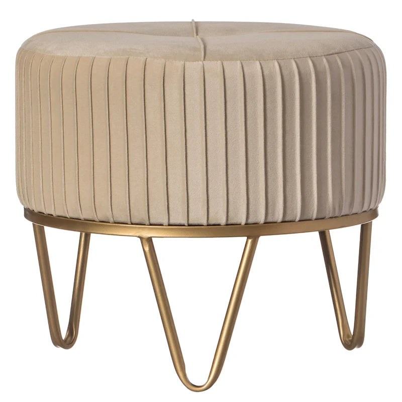 Pouffe rond en velours plissé avec pieds épingle dorés Crème Rose Noir