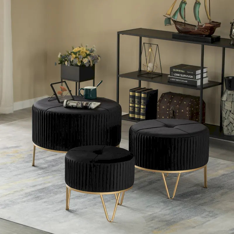Pouffe rond en velours plissé avec pieds épingle dorés Crème Rose Noir