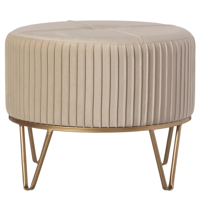 Pouffe rond en velours plissé avec pieds épingle dorés Crème Rose Noir