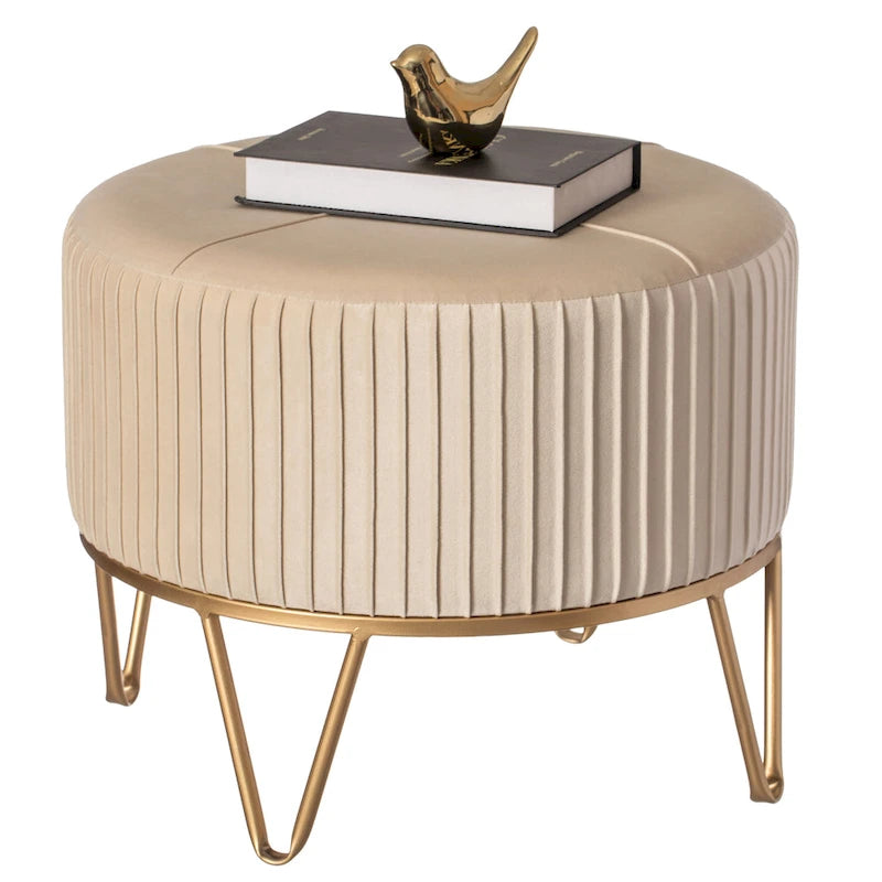 Pouffe rond en velours plissé avec pieds épingle dorés Crème Rose Noir