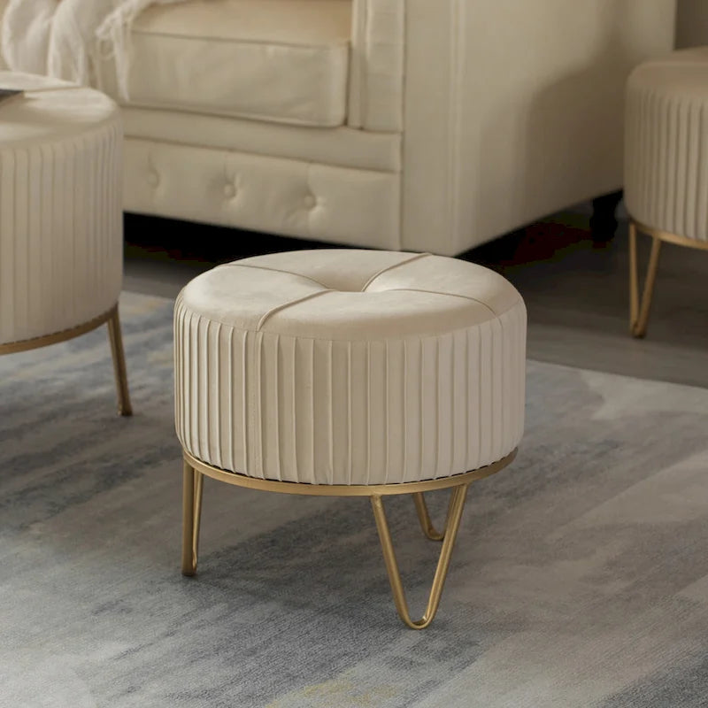 Pouffe rond en velours plissé avec pieds épingle dorés Crème Rose Noir