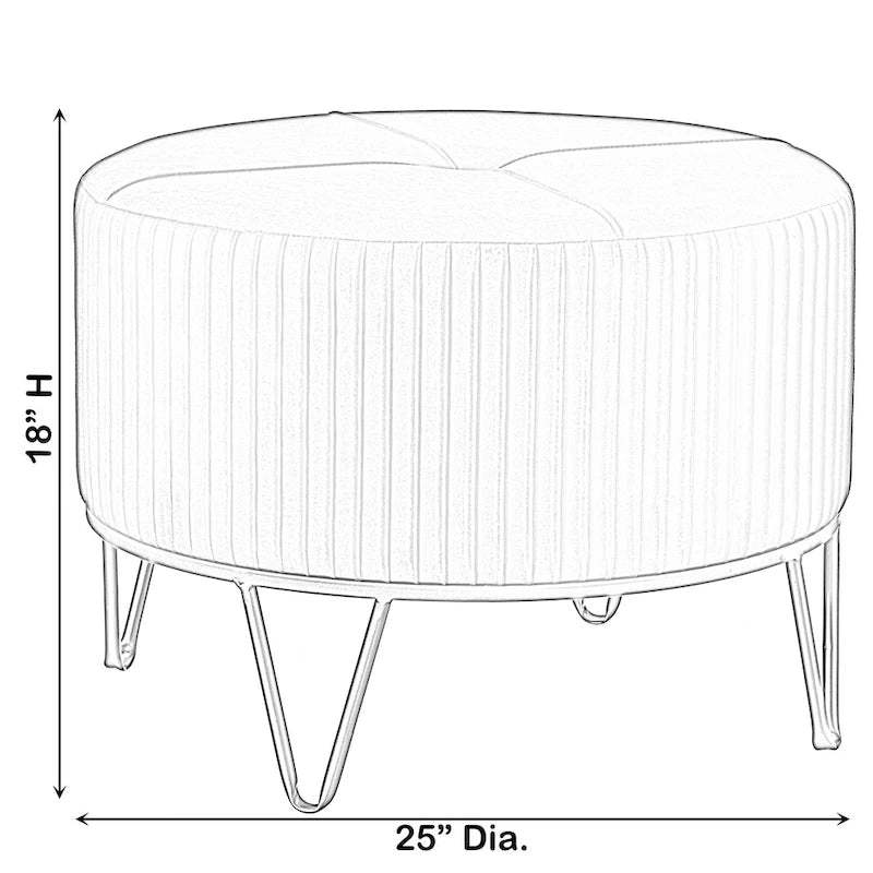 Pouffe rond en velours plissé avec pieds épingle dorés Crème Rose Noir