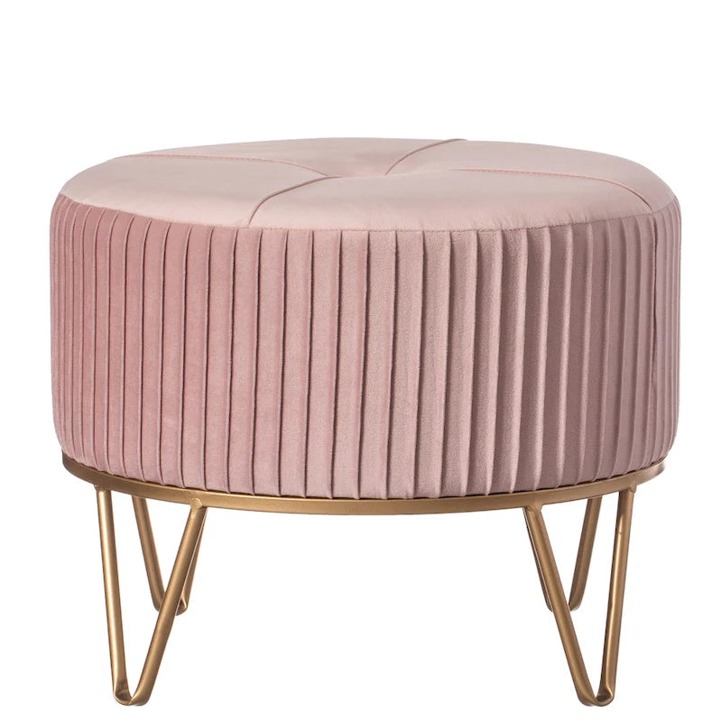 Pouffe rond en velours plissé avec pieds épingle dorés Crème Rose Noir