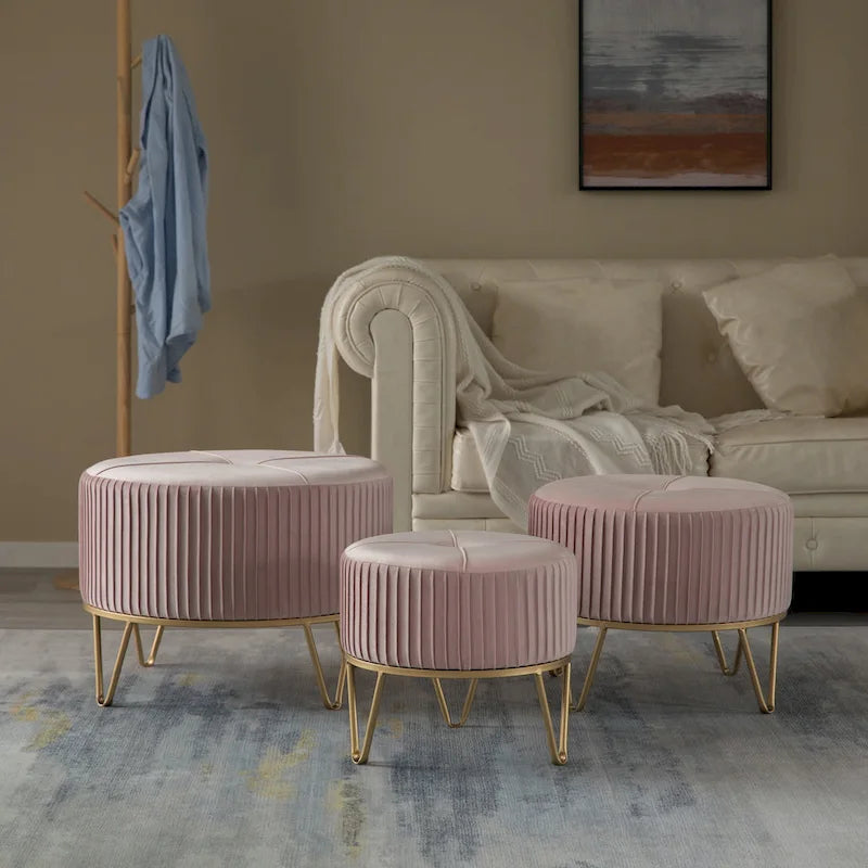 Pouffe rond en velours plissé avec pieds épingle dorés Crème Rose Noir