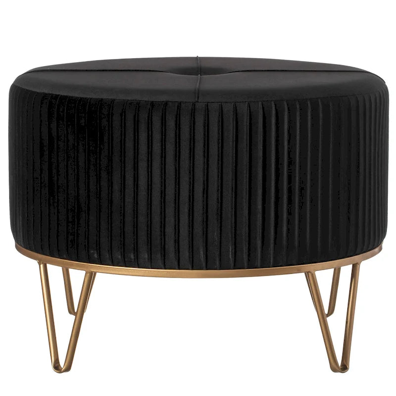 Pouffe rond en velours plissé avec pieds épingle dorés Crème Rose Noir