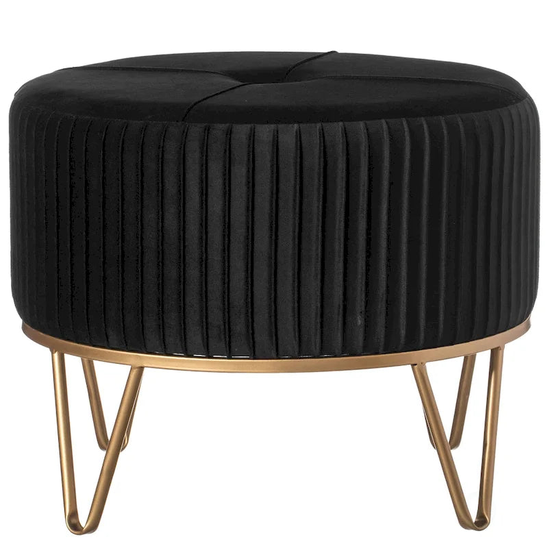 Pouffe rond en velours plissé avec pieds épingle dorés Crème Rose Noir