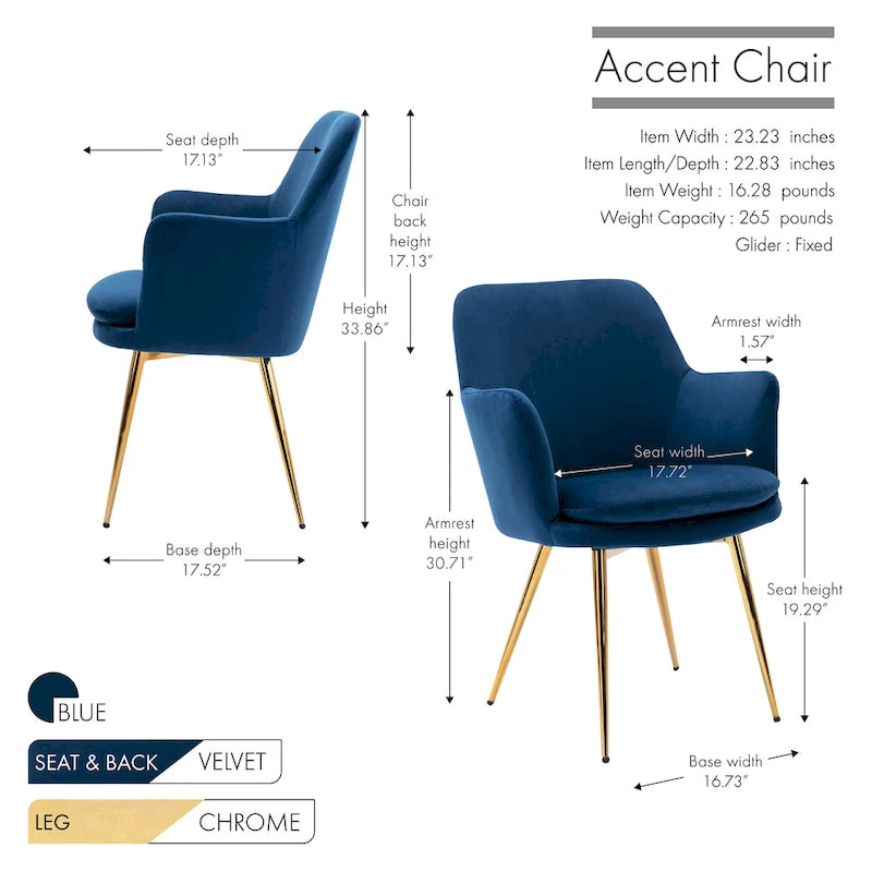 Fauteuil d'appoint en velours avec pieds en métal doré bleu