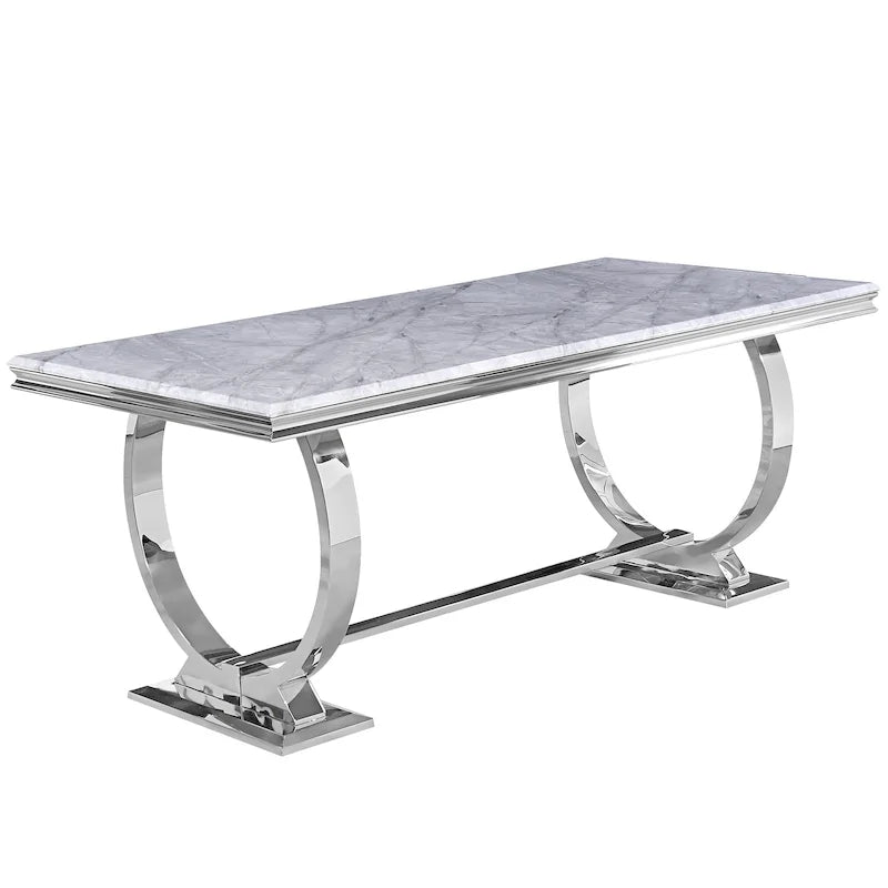 Table à manger plateau en faux marbre avec piètement en U en acier inoxydable poli