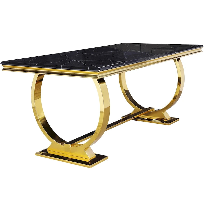 Table à manger plateau en faux marbre avec piètement en U en acier inoxydable poli
