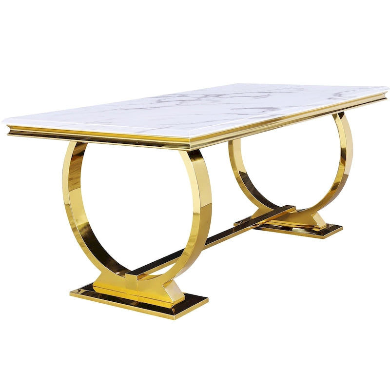 Table à manger plateau en faux marbre avec piètement en U en acier inoxydable poli