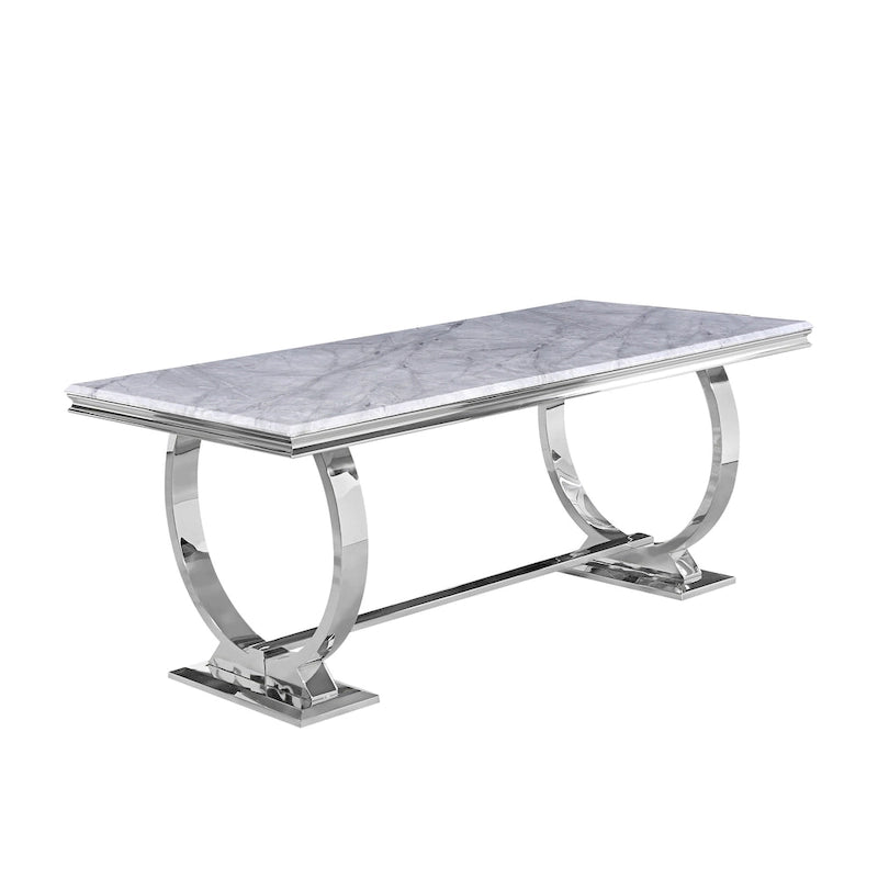 Table à manger plateau en faux marbre avec piètement en U en acier inoxydable poli