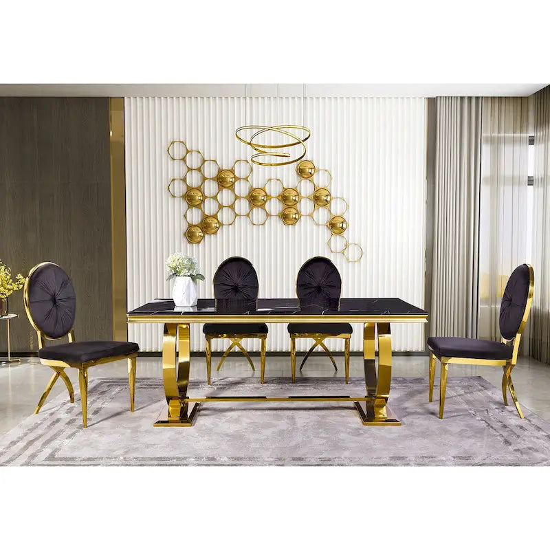 Table à manger plateau en faux marbre avec piètement en U en acier inoxydable poli