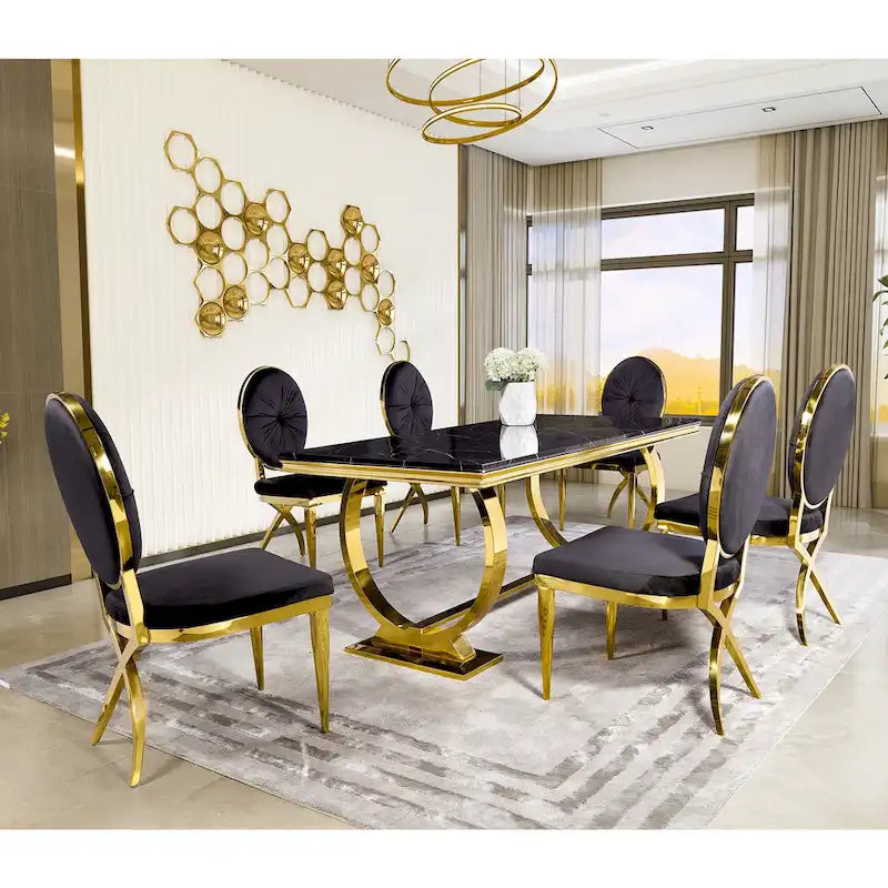 Table à manger plateau en faux marbre avec piètement en U en acier inoxydable poli