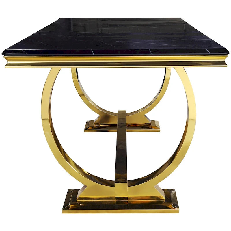 Table à manger plateau en faux marbre avec piètement en U en acier inoxydable poli