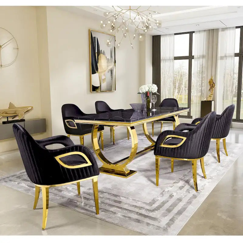 Table à manger plateau en faux marbre avec piètement en U en acier inoxydable poli