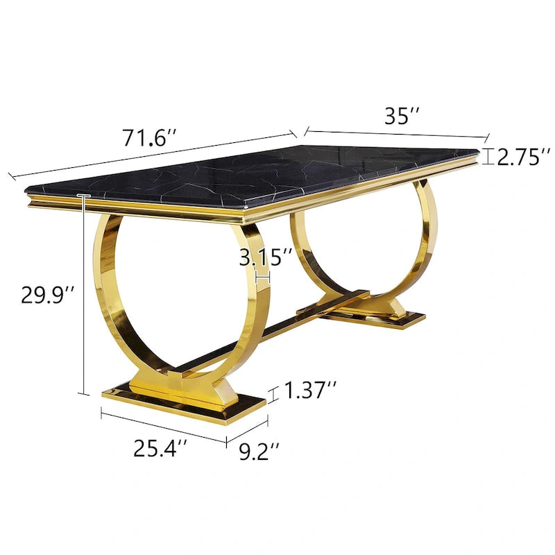 Table à manger plateau en faux marbre avec piètement en U en acier inoxydable poli