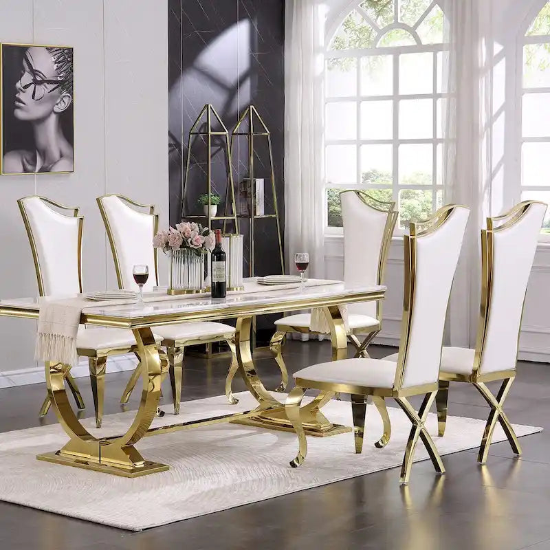 Table à manger plateau en faux marbre avec piètement en U en acier inoxydable poli