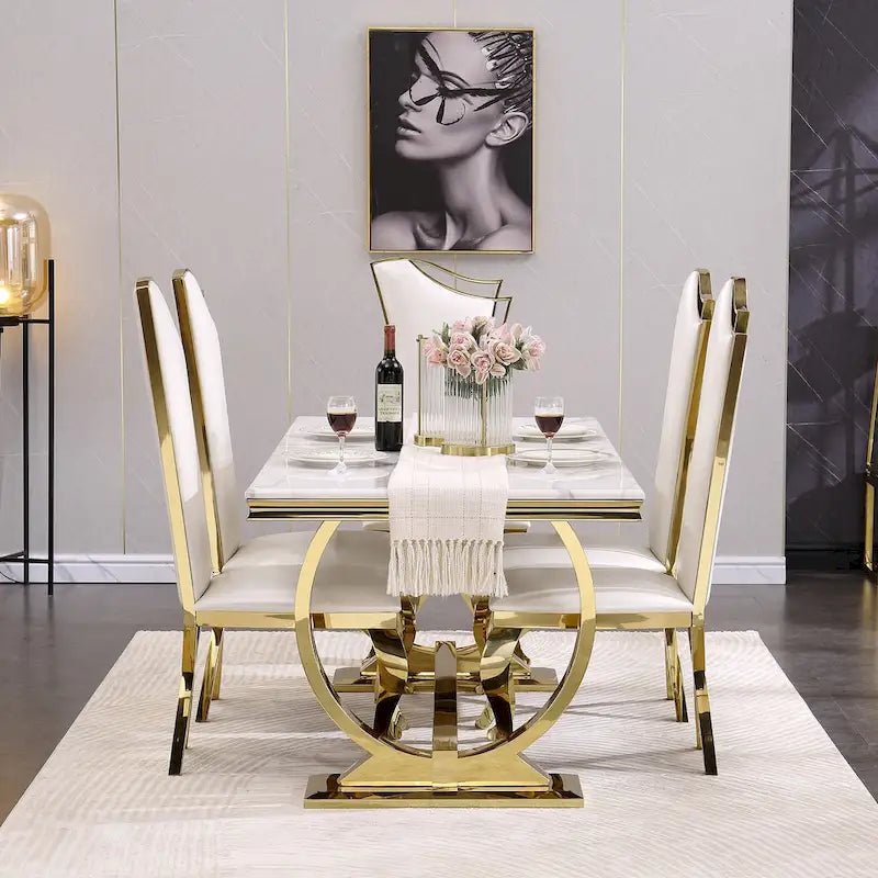 Table à manger plateau en faux marbre avec piètement en U en acier inoxydable poli
