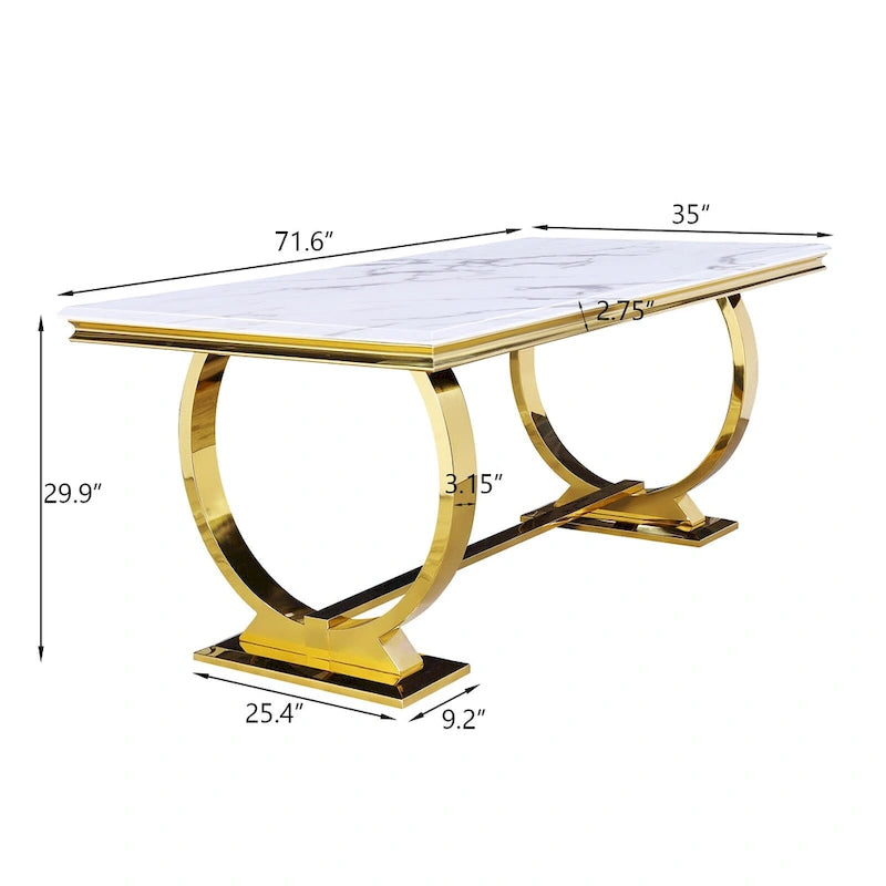Table à manger plateau en faux marbre avec piètement en U en acier inoxydable poli