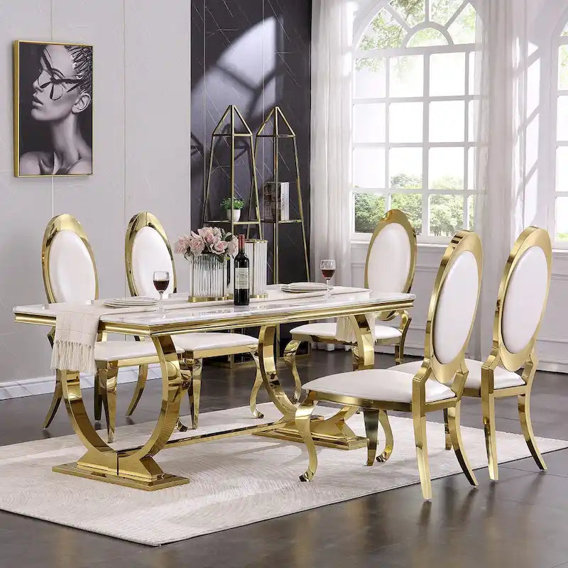 Table à manger plateau en faux marbre avec piètement en U en acier inoxydable poli