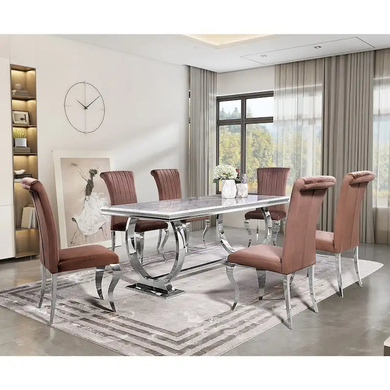 Table à manger plateau en faux marbre avec piètement en U en acier inoxydable poli