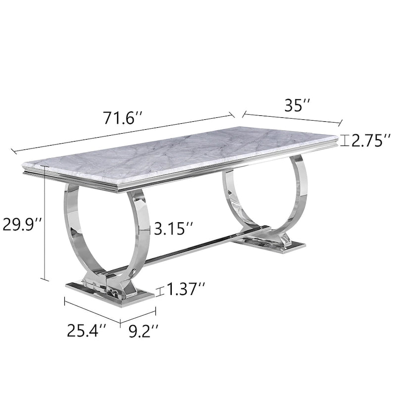 Table à manger plateau en faux marbre avec piètement en U en acier inoxydable poli