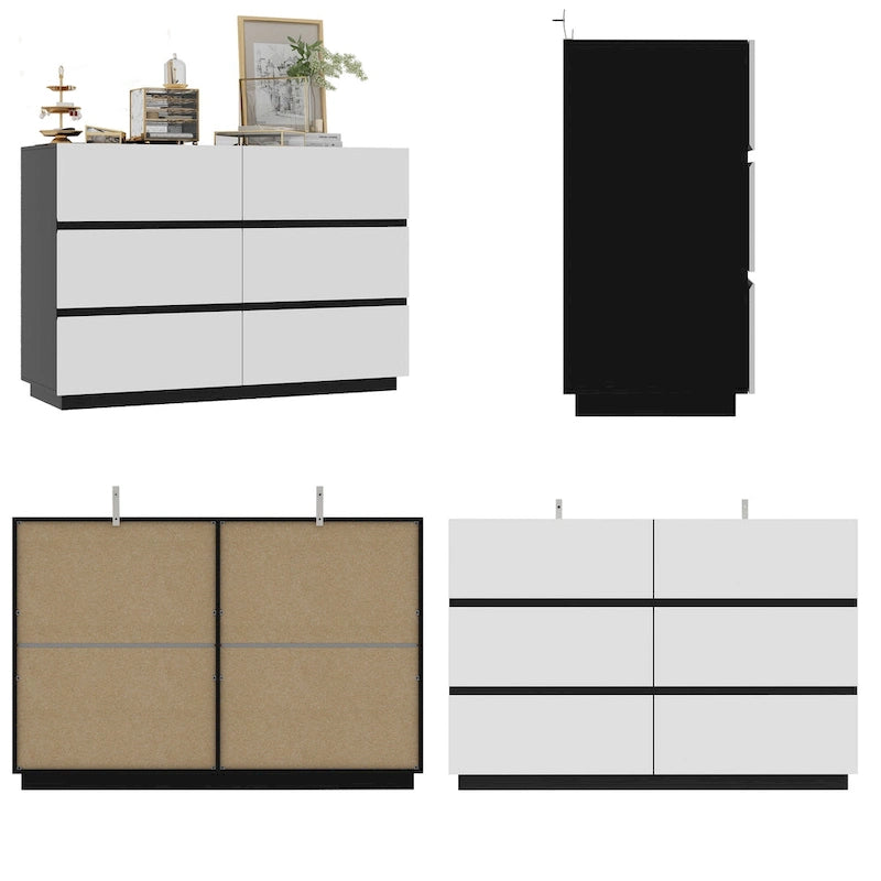 Commode de chambre à 4 tiroirs sans poignées, blanc et noir, avec rangement.