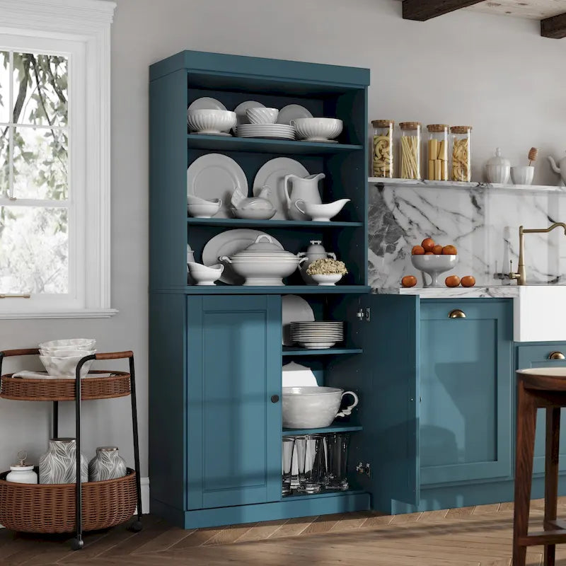 Vaisselier de cuisine en bois massif avec portes vitrées et étagères réglables