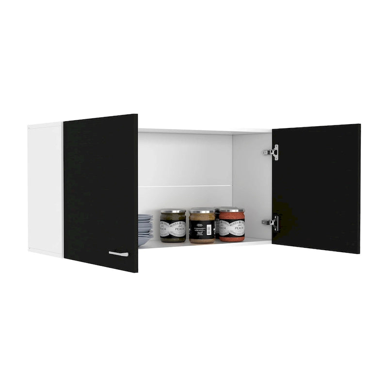 Meuble de rangement mural double porte blanc/noir avec poignées en métal