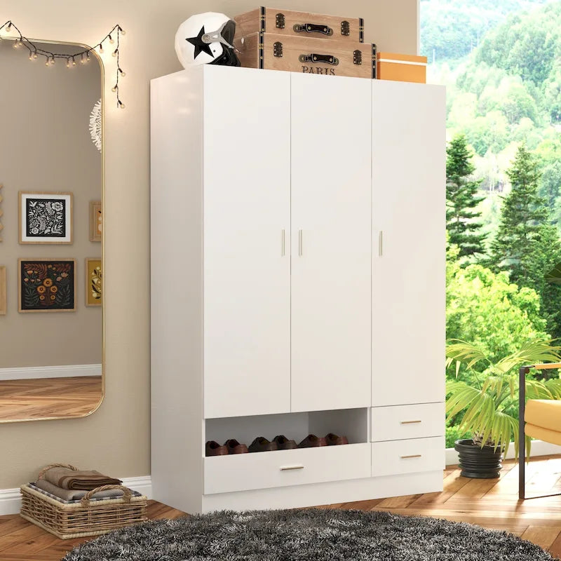 Armoire penderie blanche 3 portes avec tiroirs et rangement pour chaussures