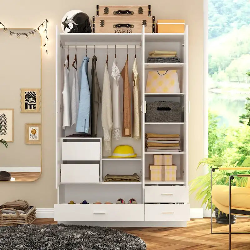 Armoire penderie blanche 3 portes avec tiroirs et rangement pour chaussures