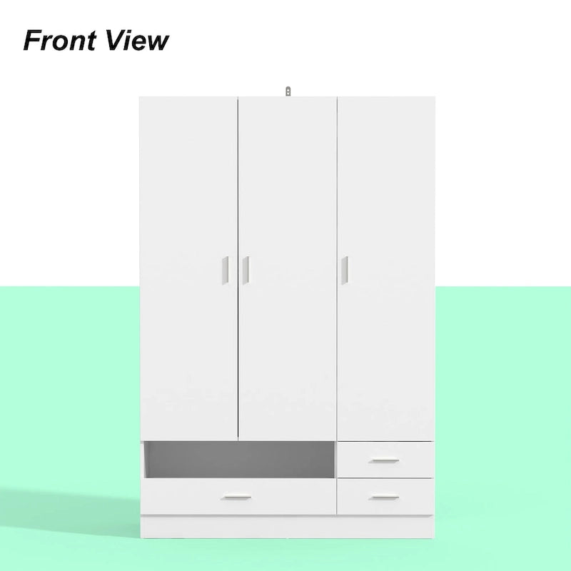 Armoire penderie blanche 3 portes avec tiroirs et rangement pour chaussures