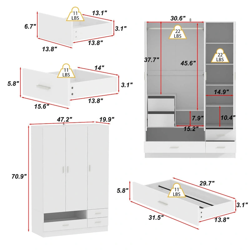 Armoire penderie blanche 3 portes avec tiroirs et rangement pour chaussures