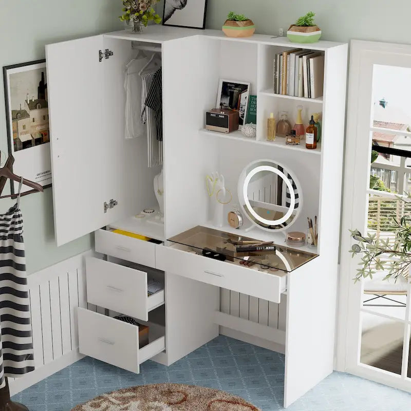Armoire penderie blanche 3 portes avec tiroirs et rangement pour chaussures