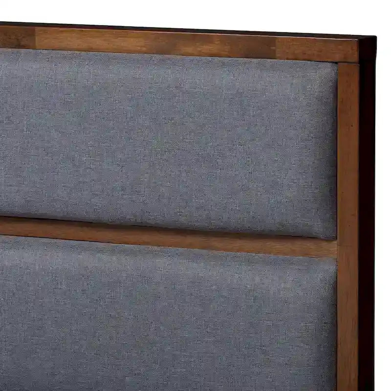 Lit plateforme contemporain gris rembourré avec tiroirs en noyer