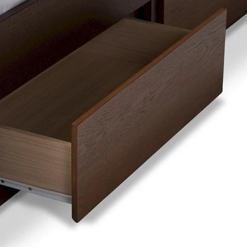 Lit plateforme contemporain gris rembourré avec tiroirs en noyer