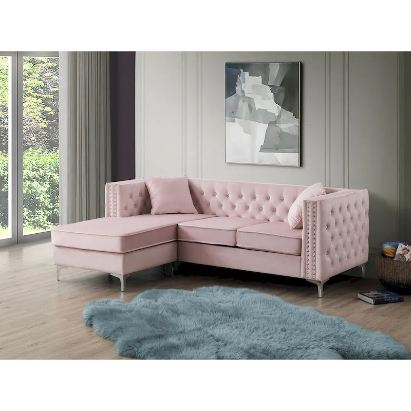 Canapé méridienne capitonné en velours avec clous décoratifs et pieds chromés
