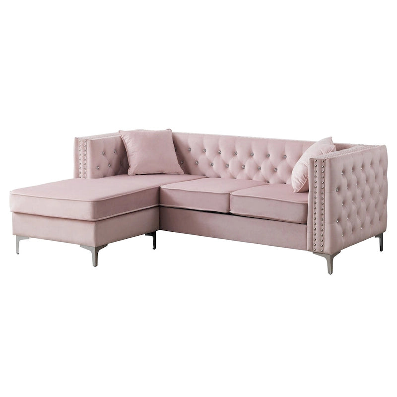 Canapé méridienne capitonné en velours avec clous décoratifs et pieds chromés