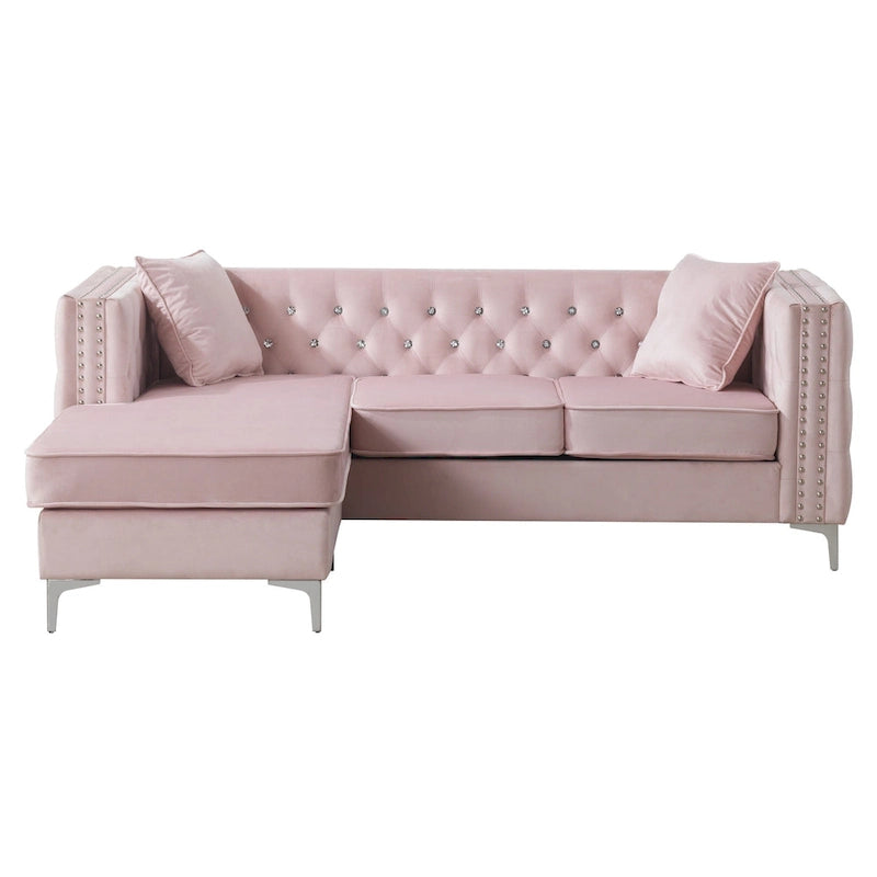 Canapé méridienne capitonné en velours avec clous décoratifs et pieds chromés