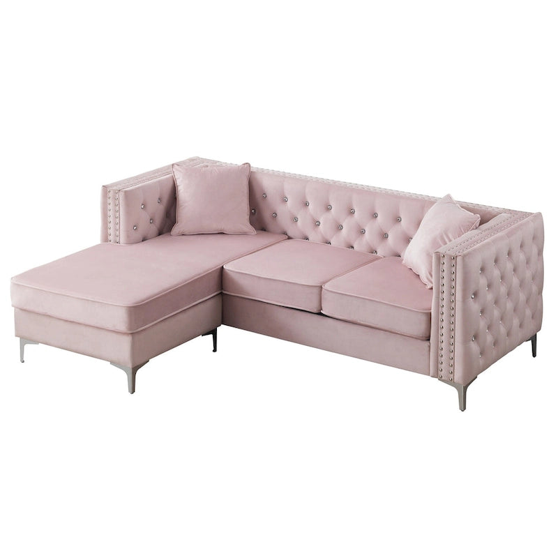 Canapé méridienne capitonné en velours avec clous décoratifs et pieds chromés