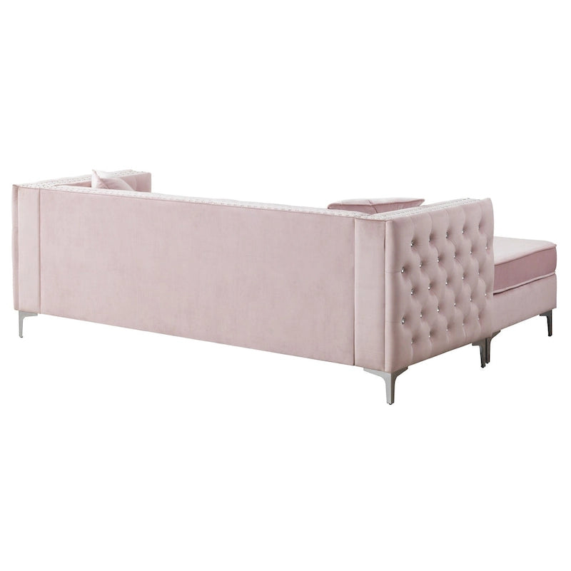 Canapé méridienne capitonné en velours avec clous décoratifs et pieds chromés