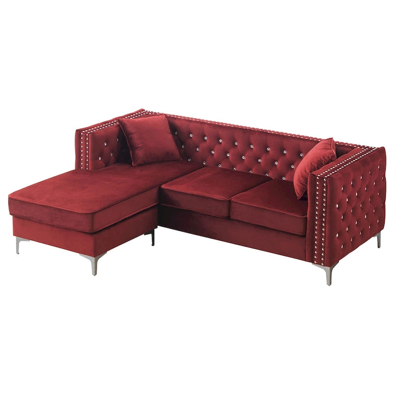 Canapé méridienne capitonné en velours avec clous décoratifs et pieds chromés