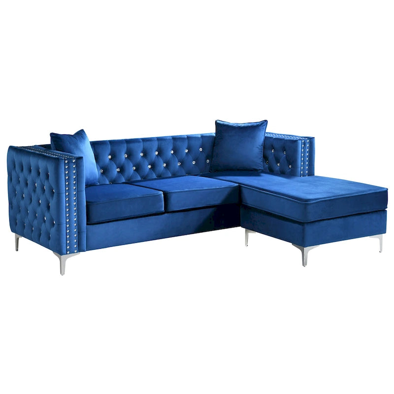 Canapé méridienne capitonné en velours avec clous décoratifs et pieds chromés