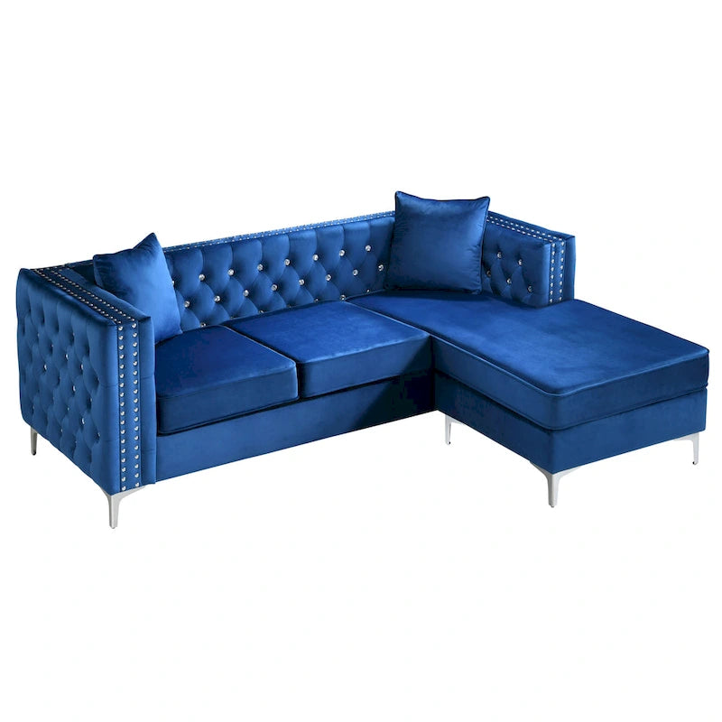 Canapé méridienne capitonné en velours avec clous décoratifs et pieds chromés