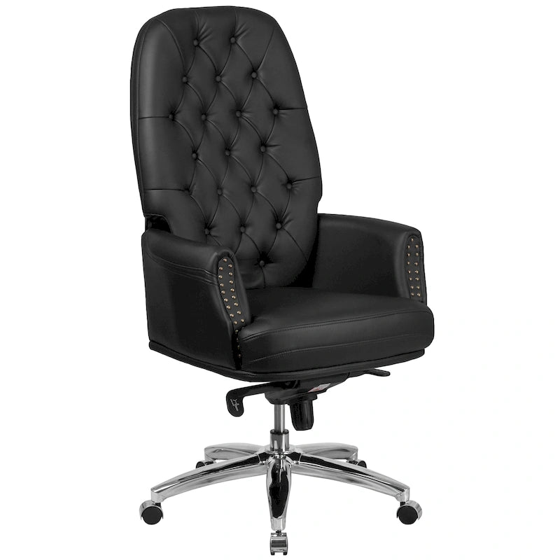 Chaise de bureau ergonomique pivotante en cuir capitonné noir à dossier haut de direction