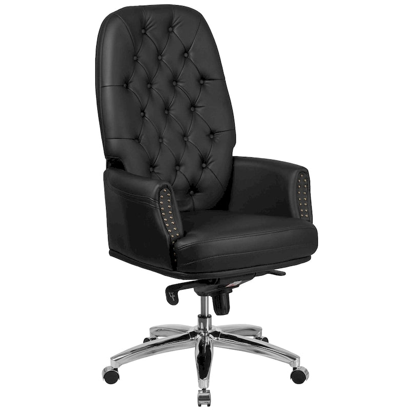 Chaise de bureau ergonomique pivotante en cuir capitonné noir à dossier haut de direction