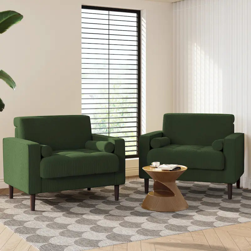 Fauteuil d'appoint en velours côtelé Mid-Century avec coussin cylindrique et pieds en bois
