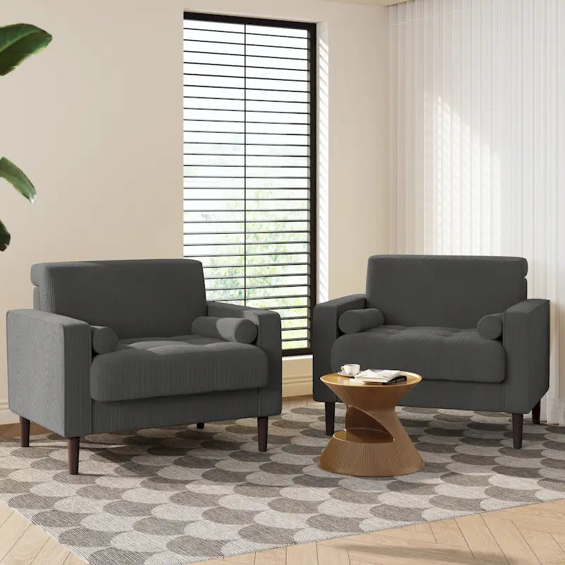Fauteuil d'appoint en velours côtelé Mid-Century avec coussin cylindrique et pieds en bois