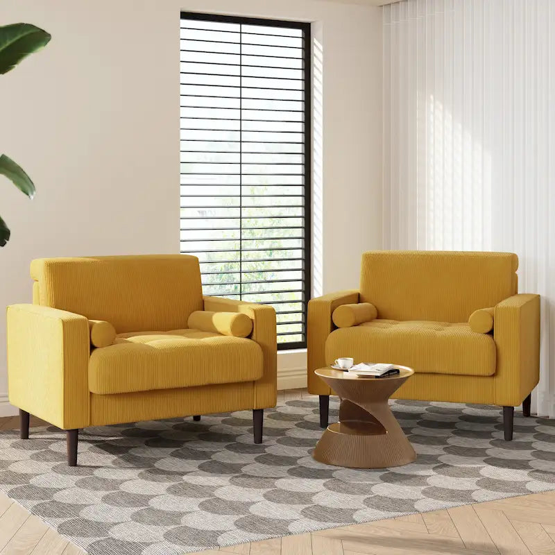 Fauteuil d'appoint en velours côtelé Mid-Century avec coussin cylindrique et pieds en bois